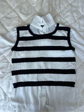 Adrianna Papell Navy and White Layered Look Sweater Shell